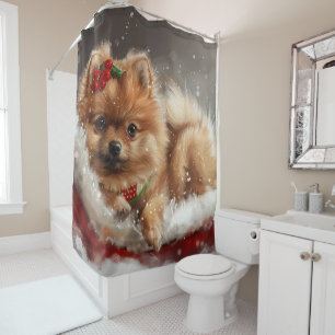 Rideaux De Douche Fête de Noël de Chien de Poméranie