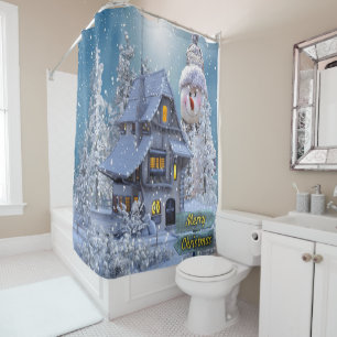 Rideaux De Douche Fête de Noël Hiver Blanc Snowman Bleu Russe