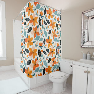 Rideaux De Douche Feuillage et fleurs orange et bleu