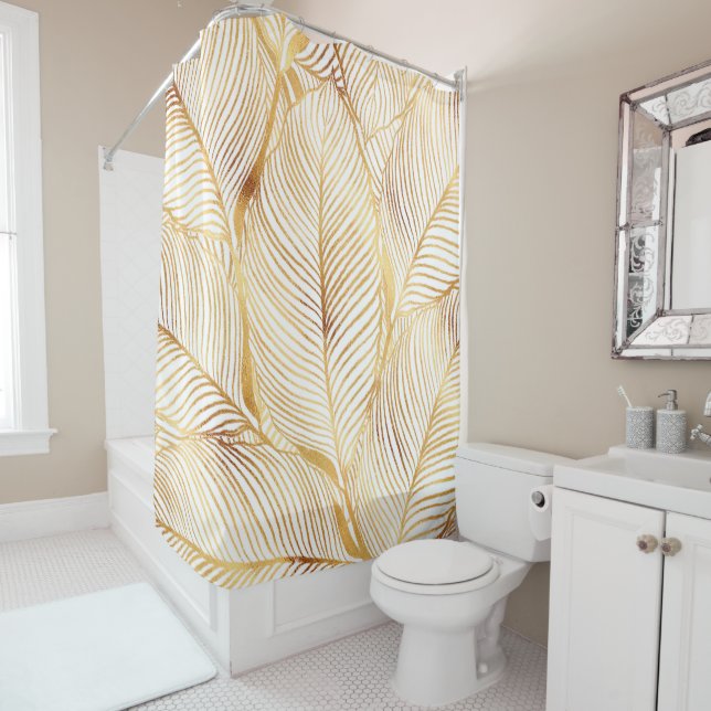 Rideaux De Douche Feuille d'or blanc Motif élégant (En situation)