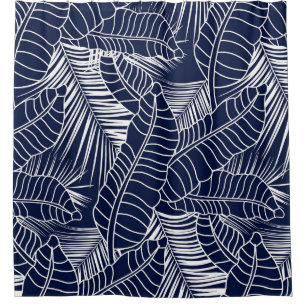 Rideaux De Douche Feuille tropicale, arrière - plan bleu marine