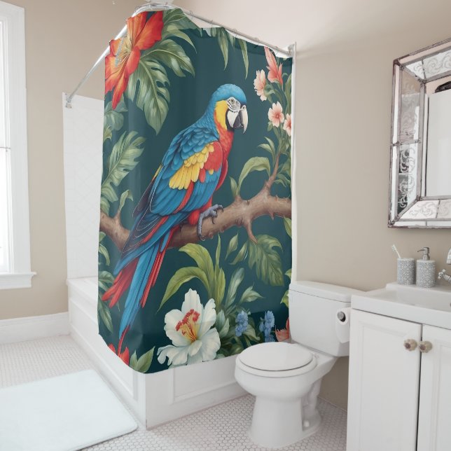 Rideaux De Douche Feuilles de la jungle tropicale des perroquets col (En situation)