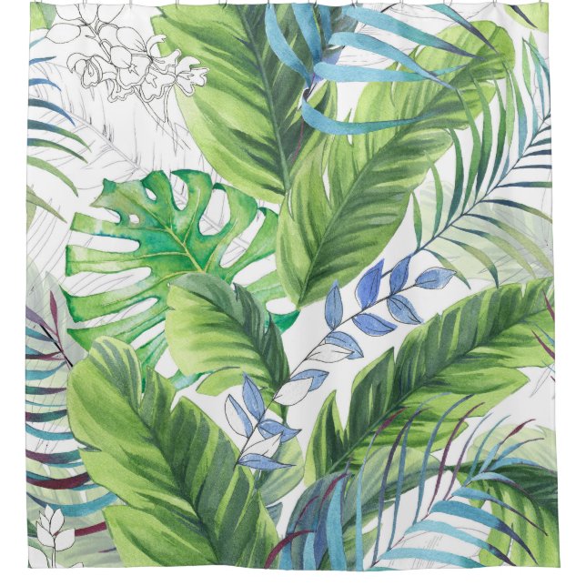 Rideaux De Douche Feuilles de palmier d'aquarelle, arrière - plan ex (Devant)