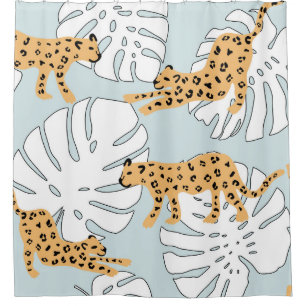 Rideaux De Douche Feuilles de palmiers léopards tropicaux, e