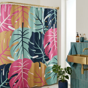 Rideaux De Douche Feuilles de palmiers tropicales en rose et bleu   