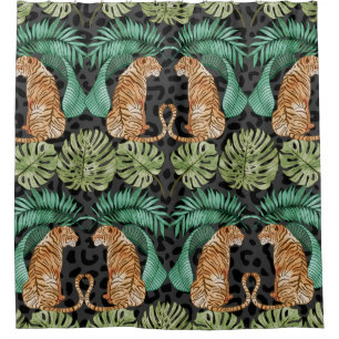Rideaux De Douche Feuilles de tigres : Aquarelle Jungle sans joint.