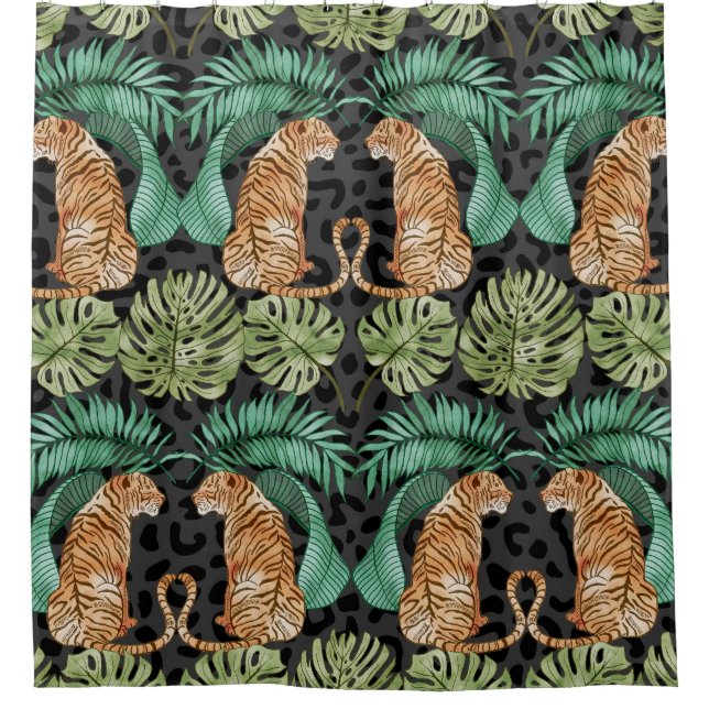 Rideaux De Douche Feuilles de tigres : Aquarelle Jungle sans joint. (Devant)