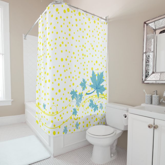 Rideaux De Douche Feuilles d'érable Aqua et pois jaunes (En situation)