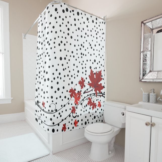 Rideaux De Douche Feuilles d'érable rouge et pois noirs (En situation)