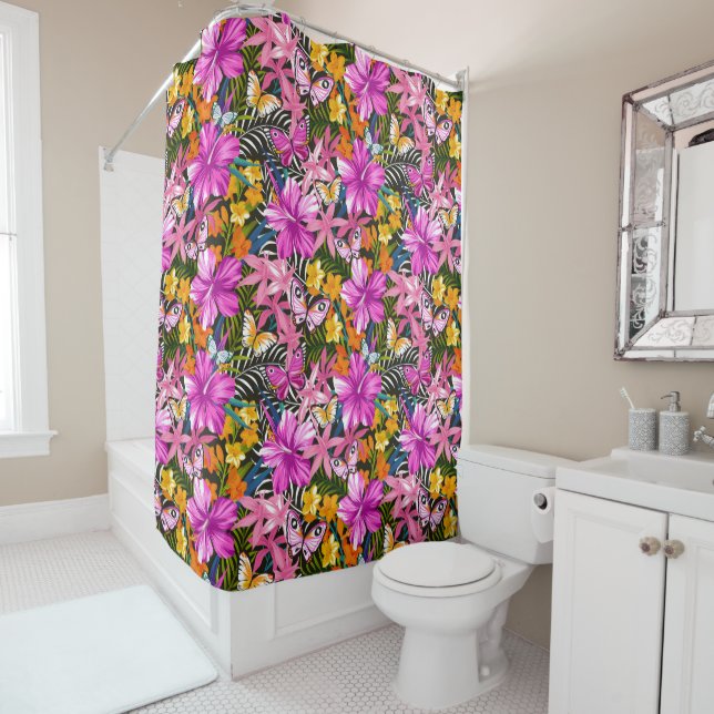 Rideaux De Douche feuilles et fleurs tropicaux (En situation)