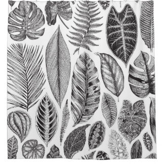 Rideaux De Douche Feuilles exotiques, vintage floral noir et blanc.