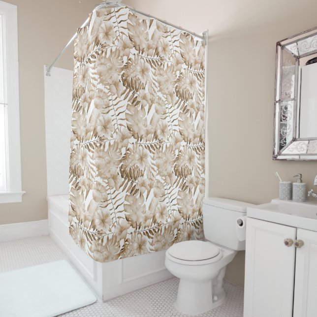 Rideaux De Douche Feuilles floraux à la crème tropicale (En situation)