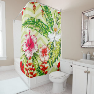 Rideaux De Douche Feuilles Tropicales Élégantes et Fleurs d'Hibiscus