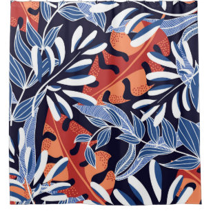 Rideaux De Douche Feuilles tropicaux colorés Arrière - plan bleu