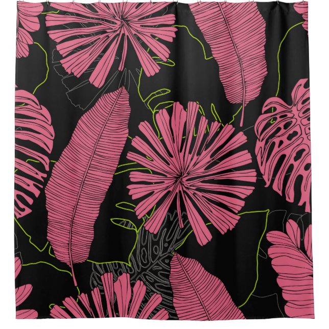 Rideaux De Douche Feuilles tropicaux dessinés à la main. Plante exot (Devant)