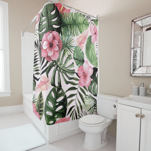 Rideaux De Douche Feuilles tropicaux et fleurs en rose (En situation)