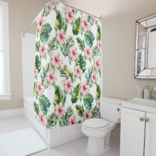 Rideaux De Douche Feuilles tropicaux Fleurs d'Hibiscus rose