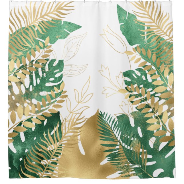 Rideaux De Douche Feuilles tropicaux modernes Gold Green (Devant)