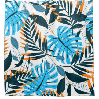 Rideaux De Douche Feuilles tropicaux Motif blanc brillant