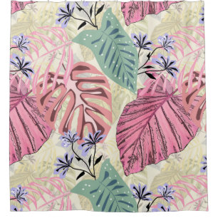 Rideaux De Douche Feuilles tropicaux roses et verts, fleurs bleues.