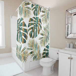 Rideaux De Douche feuilles tropicaux turquoises et dorés