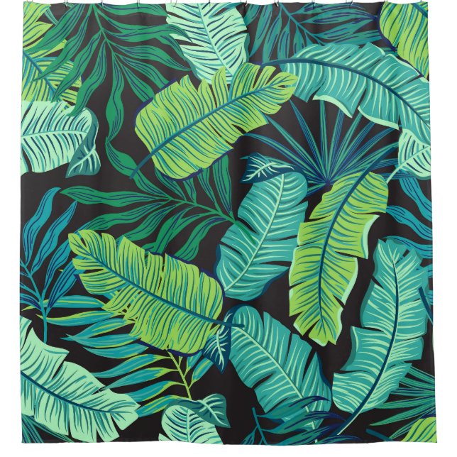 Rideaux De Douche Feuilles tropicaux verts : motif vintage. (Devant)