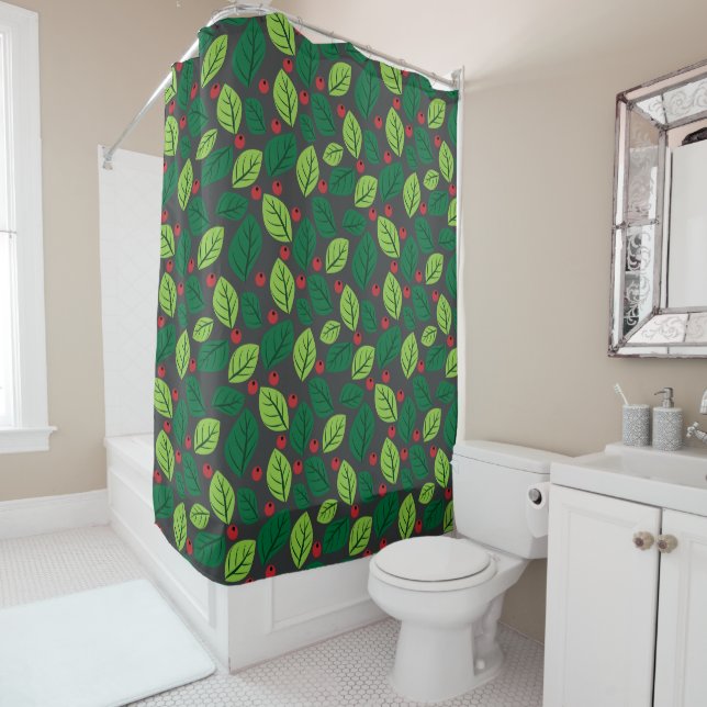 Rideaux De Douche Feuilles Vertes, Baies Rouges, Motif De Feuilles (En situation)