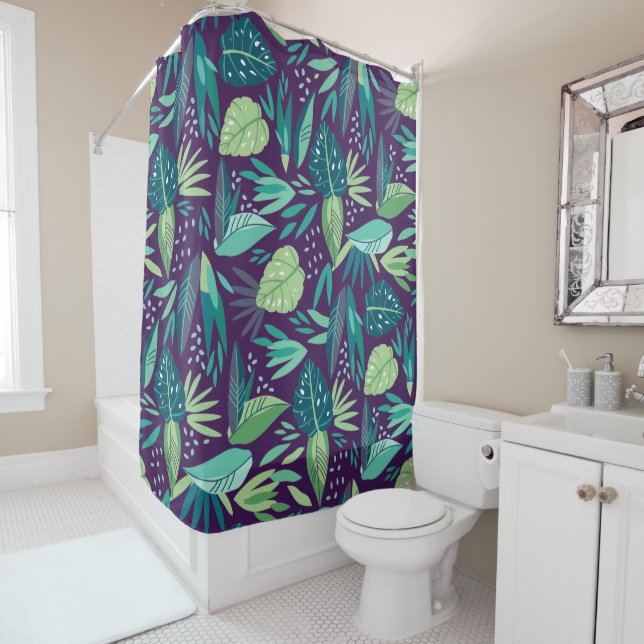 Rideaux De Douche Feuilles vertes botaniques modernes Motif sans cou (En situation)