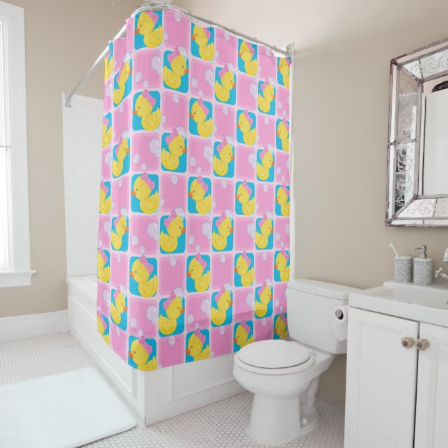 Rideaux De Douche Fille Aquarelle Canard en caoutchouc Checked (En situation)