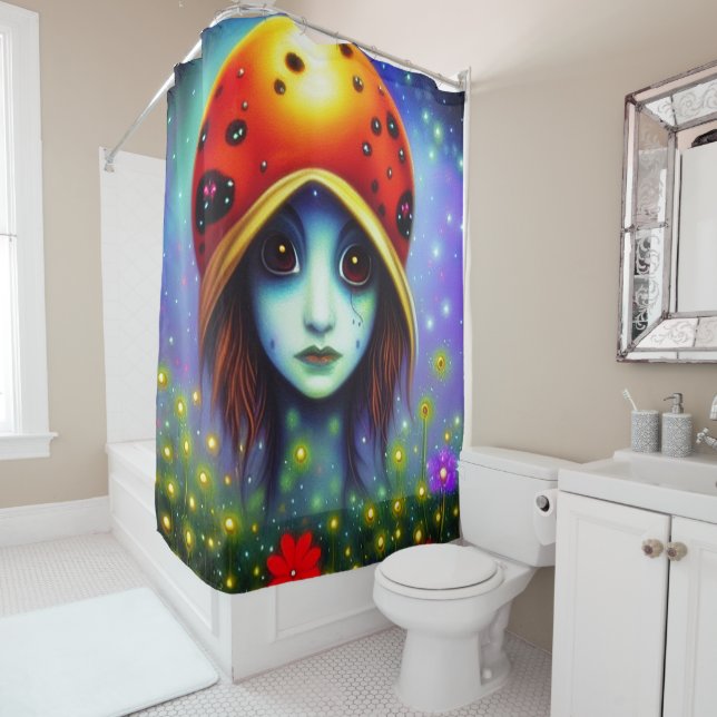 Rideaux De Douche Fille avec casquette de coccinelle (En situation)