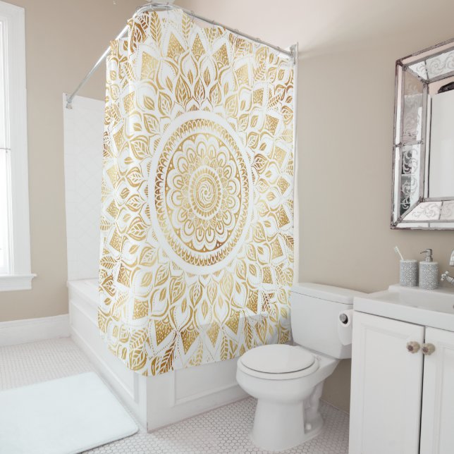 Rideaux De Douche Fille Blanc Mandala Or Floral (En situation)