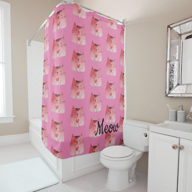 Rideaux De Douche Fille Chats Coeur Rose (En situation)