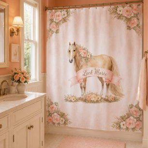Rideaux De Douche Fille Cheval Floral Rose Pêche Personnalisé Shabby