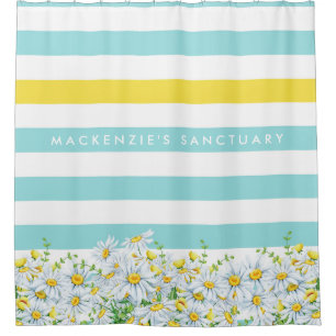 Rideaux De Douche Fille marguerites et rayures d'Aqua avec nom