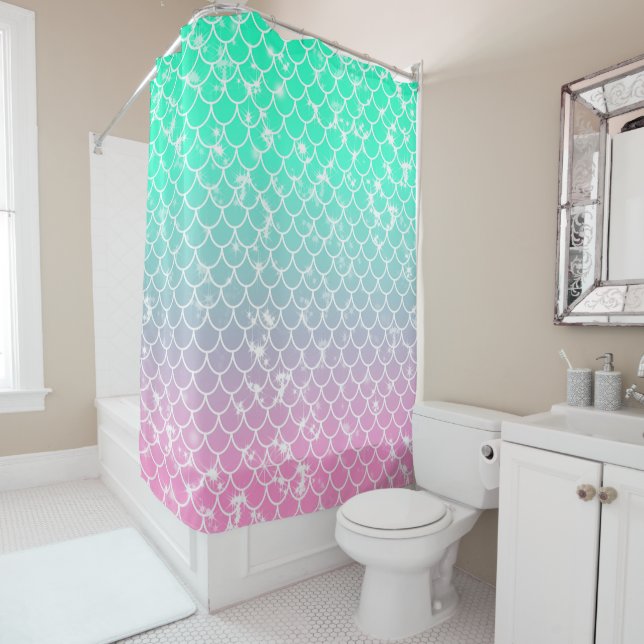 Rideaux De Douche Fille Motif de sirène rose et verte (En situation)