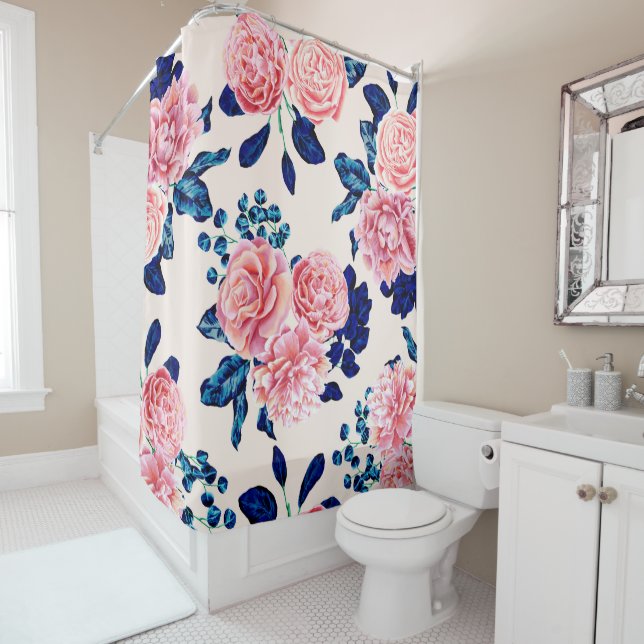 Rideaux De Douche Fille Rose Marine Bleu Pays Fleurs Peintes (En situation)