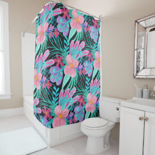 Rideaux De Douche Fille rose violet Turquoise Aquarelle Fleurs Feuil