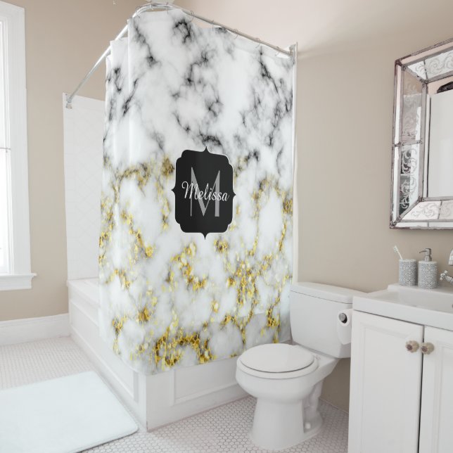 Rideaux De Douche Flacon brillant en marbre noir et blanc Monogramme (En situation)
