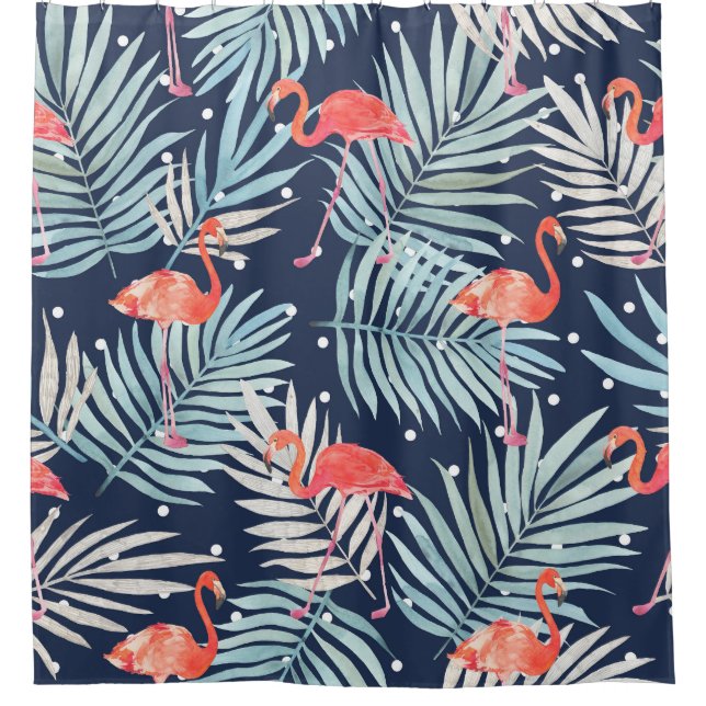 Rideaux De Douche Flamant rose Aquarelle : Pink Tropical Elegance. (Devant)