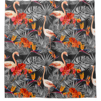 Rideaux De Douche Flamant rose et fleurs, motif monochrome.