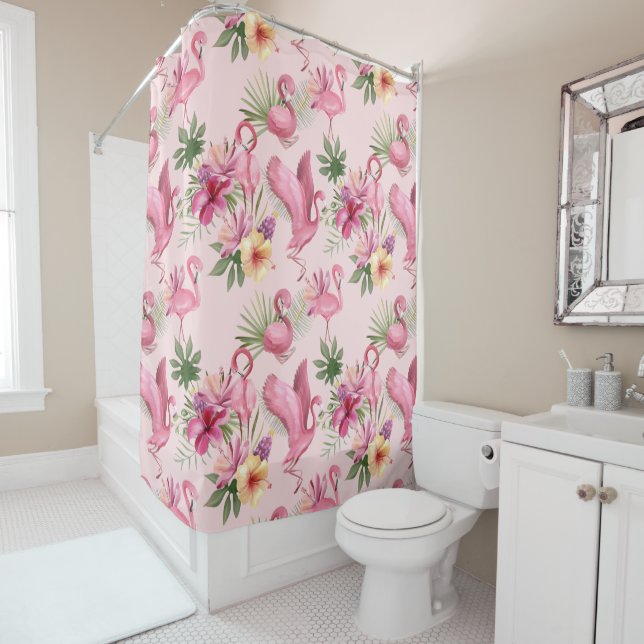 Rideaux De Douche Flamant rose Exotique Volant Et Fleurs (En situation)