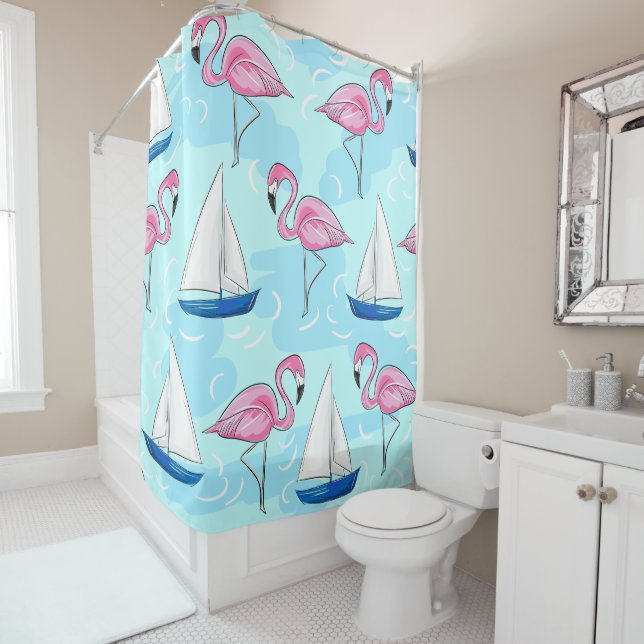 Rideaux De Douche Flamant rose rose Blue Voilier Preppy (En situation)