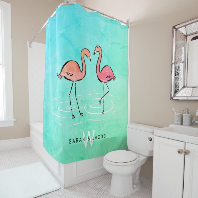 Rideaux De Douche Flamant rose rose Turquoise Aquarelle Nom du monog (En situation)