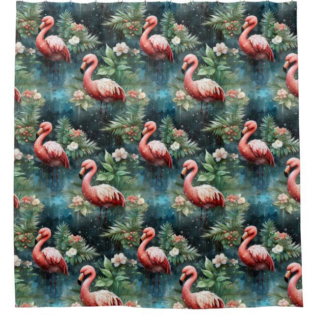 Rideaux De Douche Flamants roses de Noël avec mistletoe (Devant)
