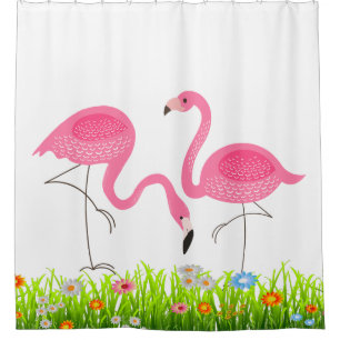 Rideaux De Douche Flamants roses et herbe et fleurs roses de ressort