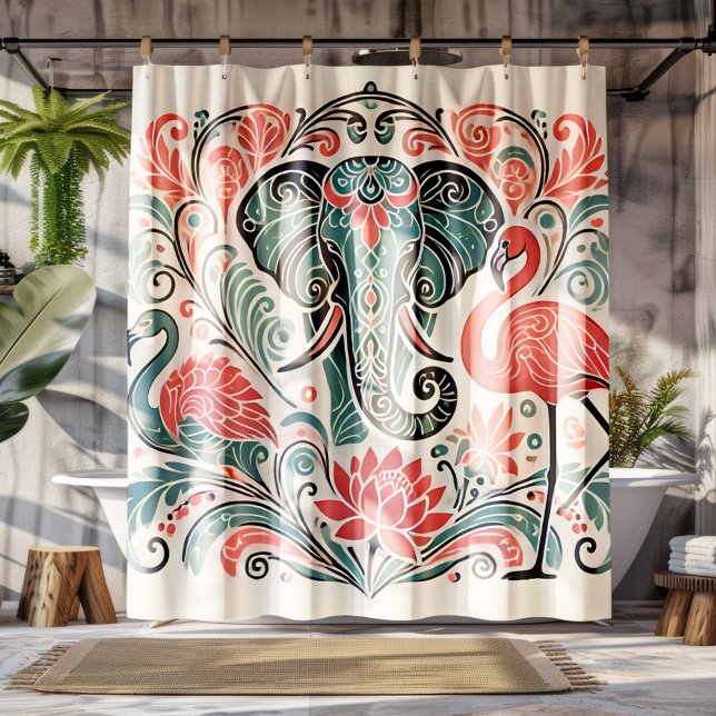 Rideaux De Douche Flamants roses roses d'éléphants floraux Art nouve (Créateur téléchargé)