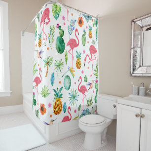 Rideaux De Douche Flamants roses roses et fleurs tropicales Motif