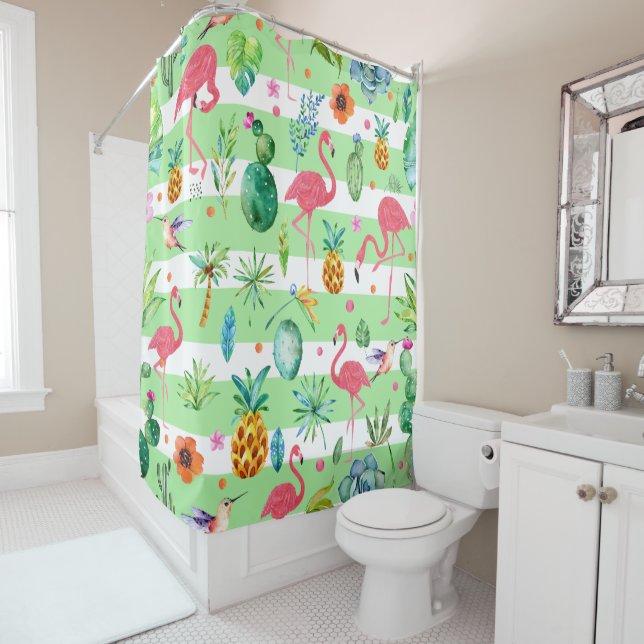 Rideaux De Douche Flamants roses roses et mélodie tropicale Motif (En situation)