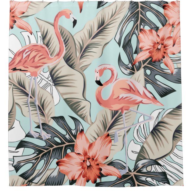 Rideaux De Douche Flamingo rose tropicale avec fleurs d'orchidées et (Devant)