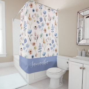 Rideaux De Douche Fleur Bleue Sauvage Aquarelle Nom Personnalisé